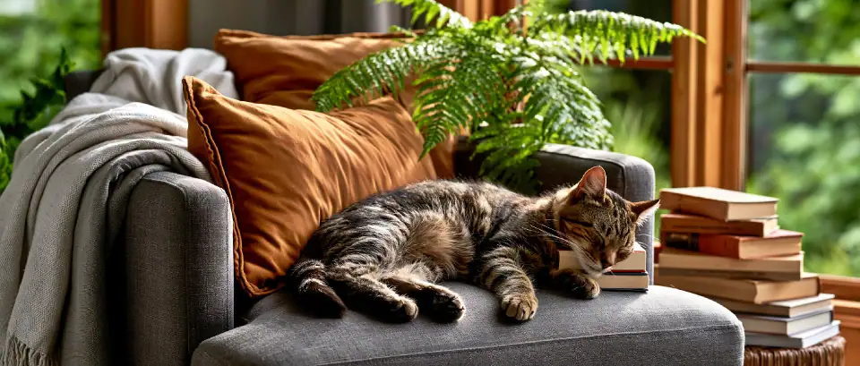 A tabby cat resting at home beside a sunny window